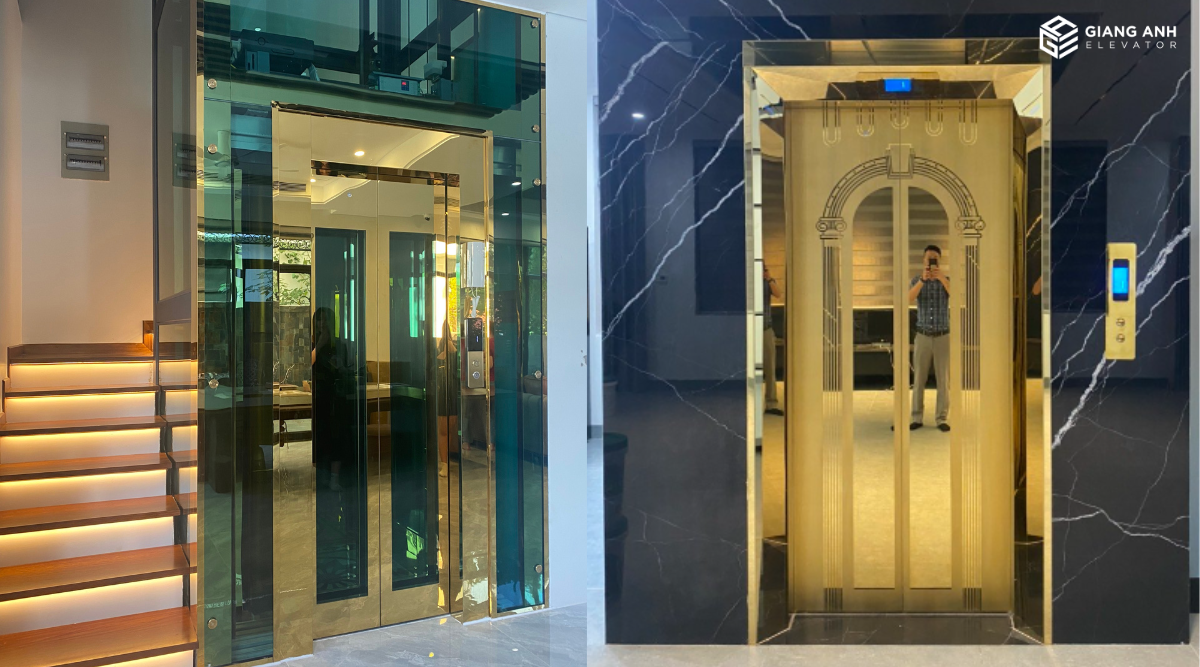 Mẫu thang máy gia đình inox gương vàng sang trọng, hiện đại